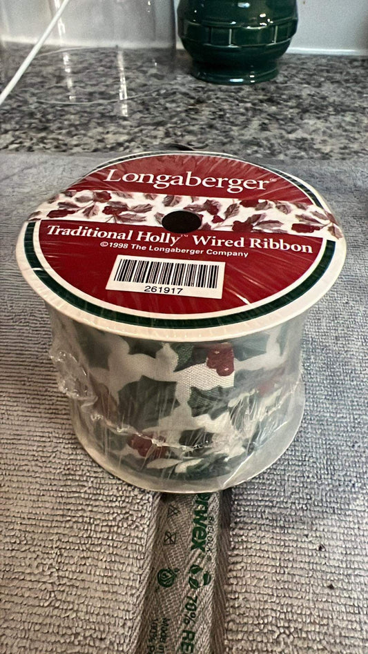 Longaberger Traditional Holly 5 Yards of Wired Ribbon