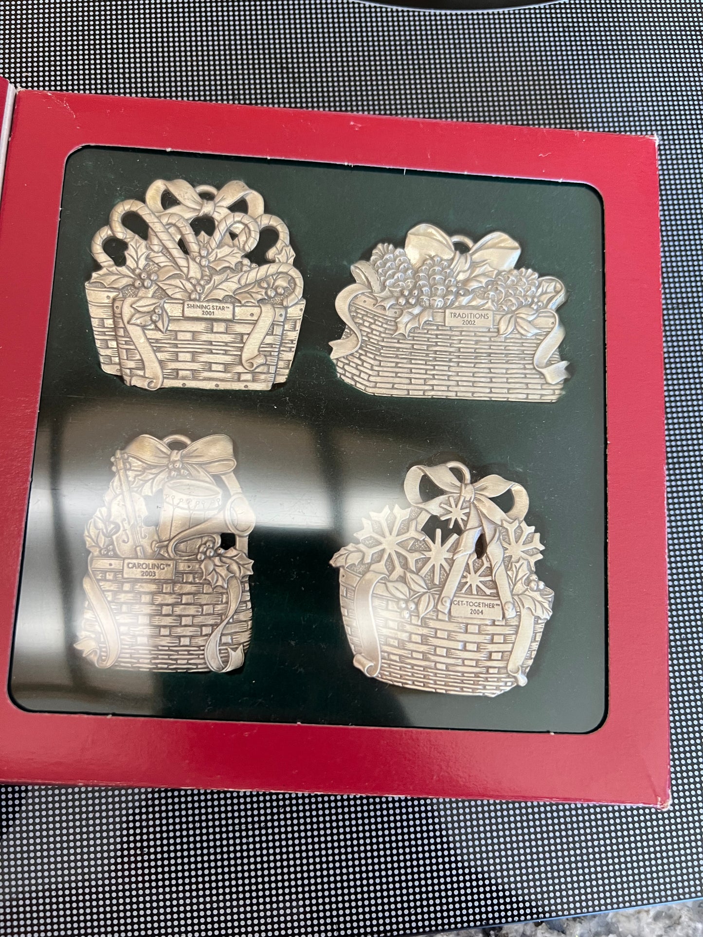 Longaber pewter holiday basket ornaments