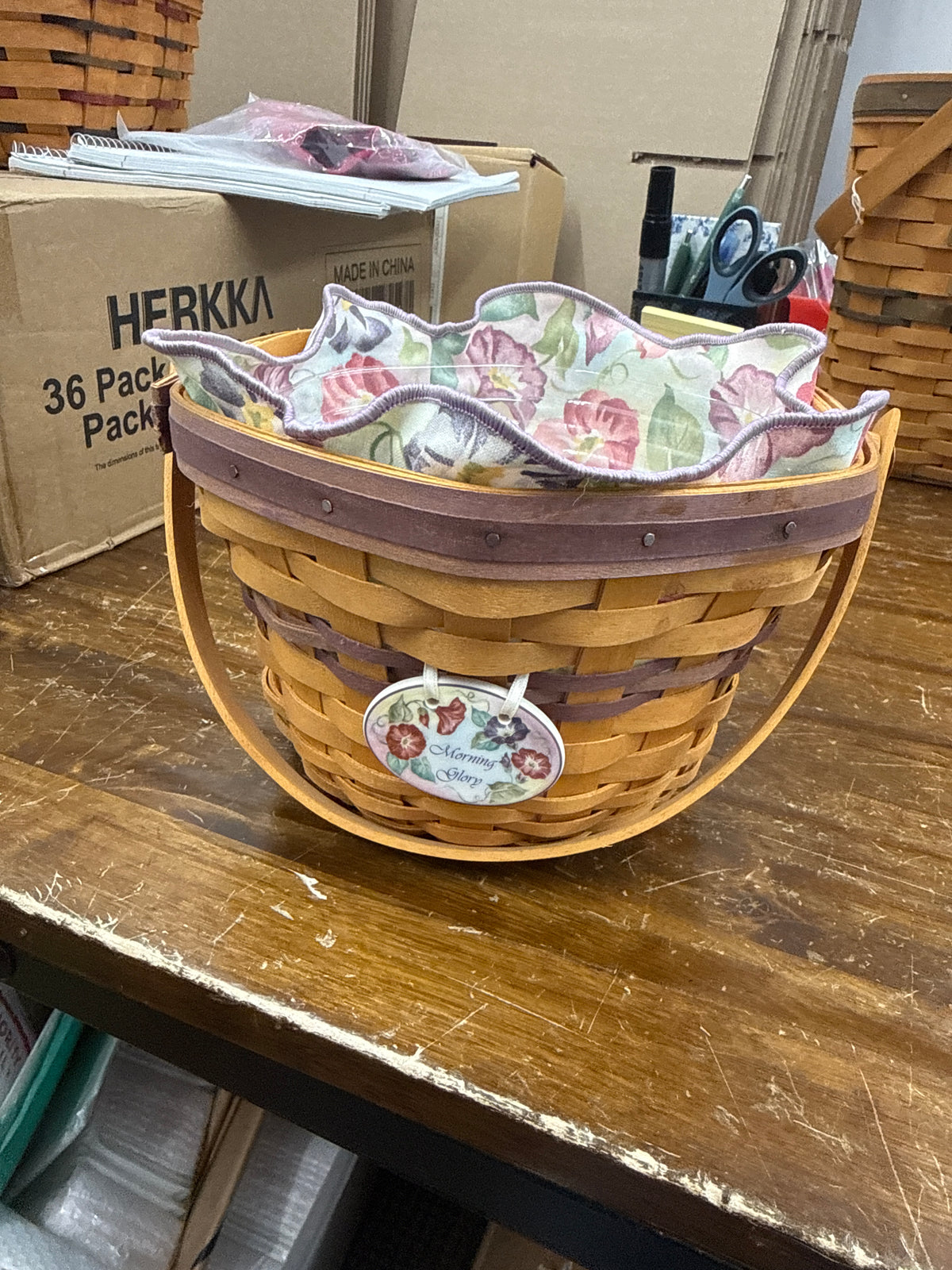 Longaberger morning glory basket with liner and protector, and tie on