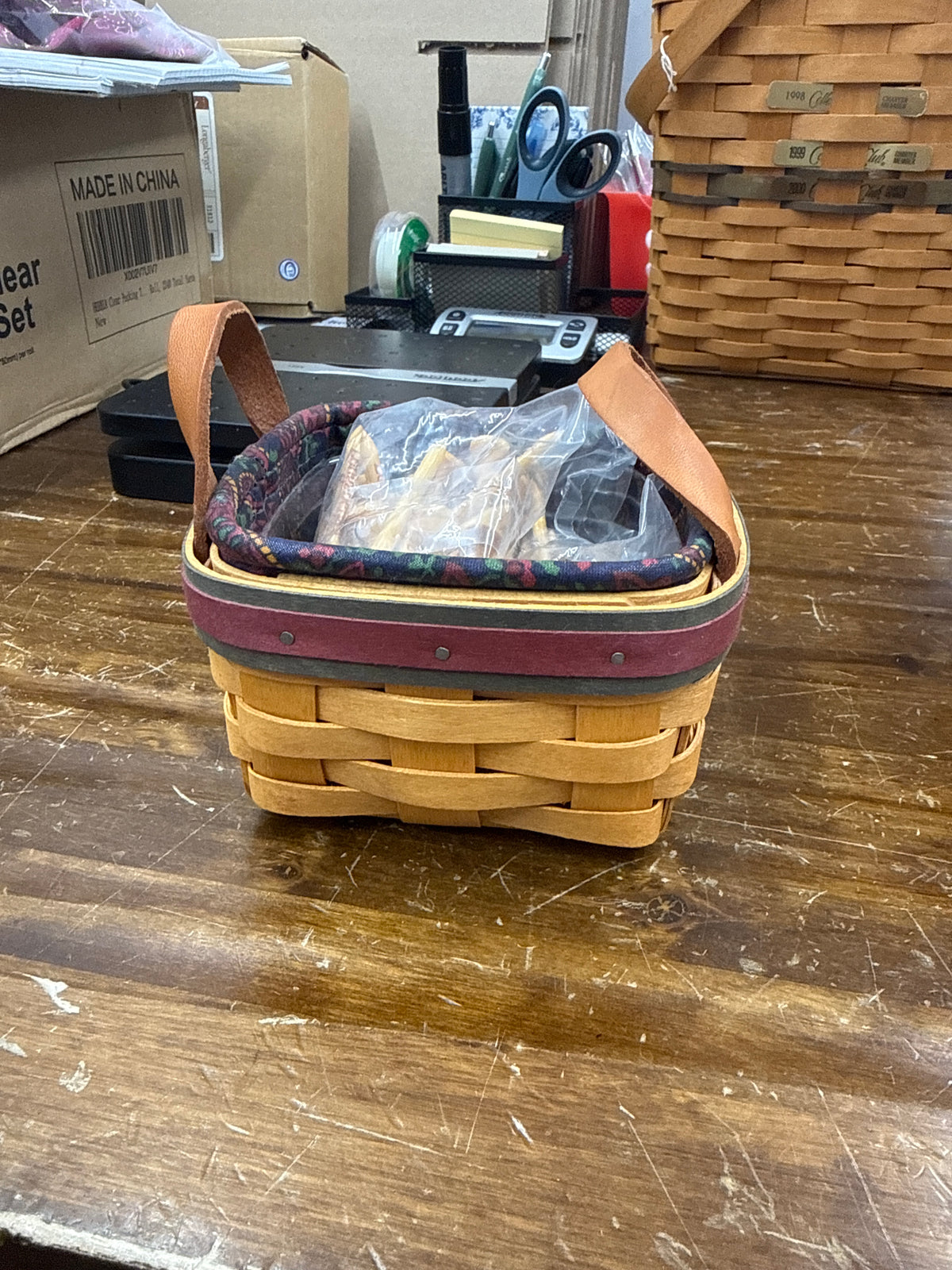 Longaberger Father’s Day tee basket with liner, protector, and tees