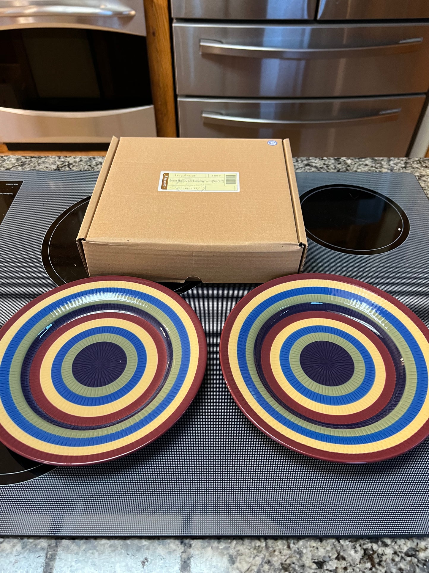 Longaberger set of 2 luncheon plates in bright multi color