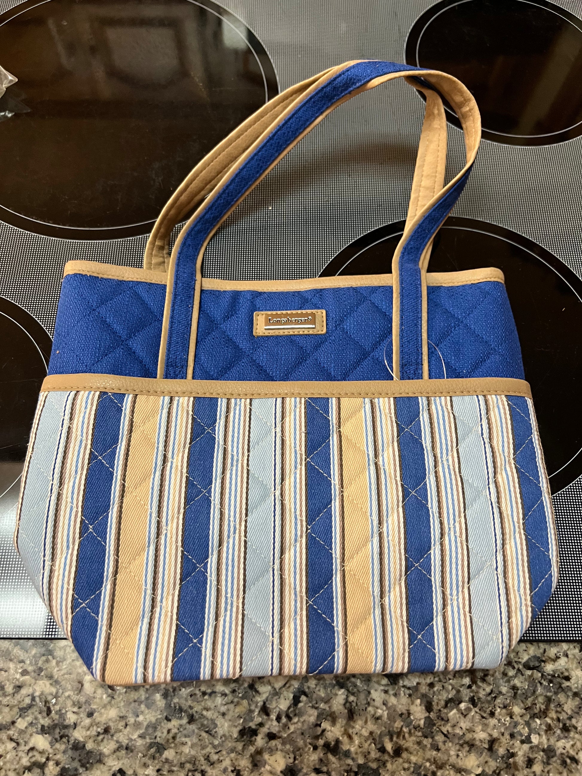 Longaberger cabana blue stripe tote Bonkers 4 Baskets