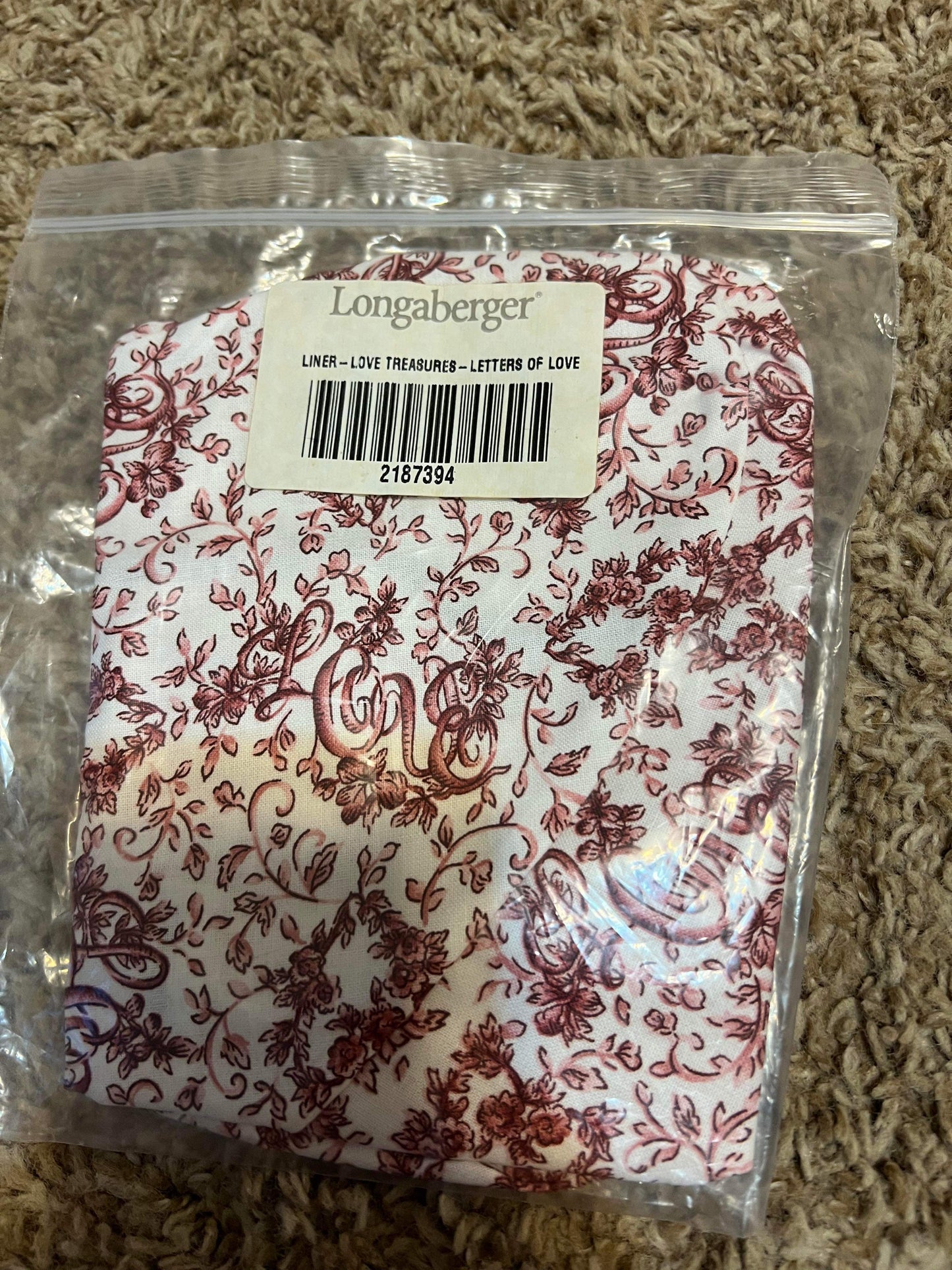 Longaberger Love Treasures Liner in Letters of Love