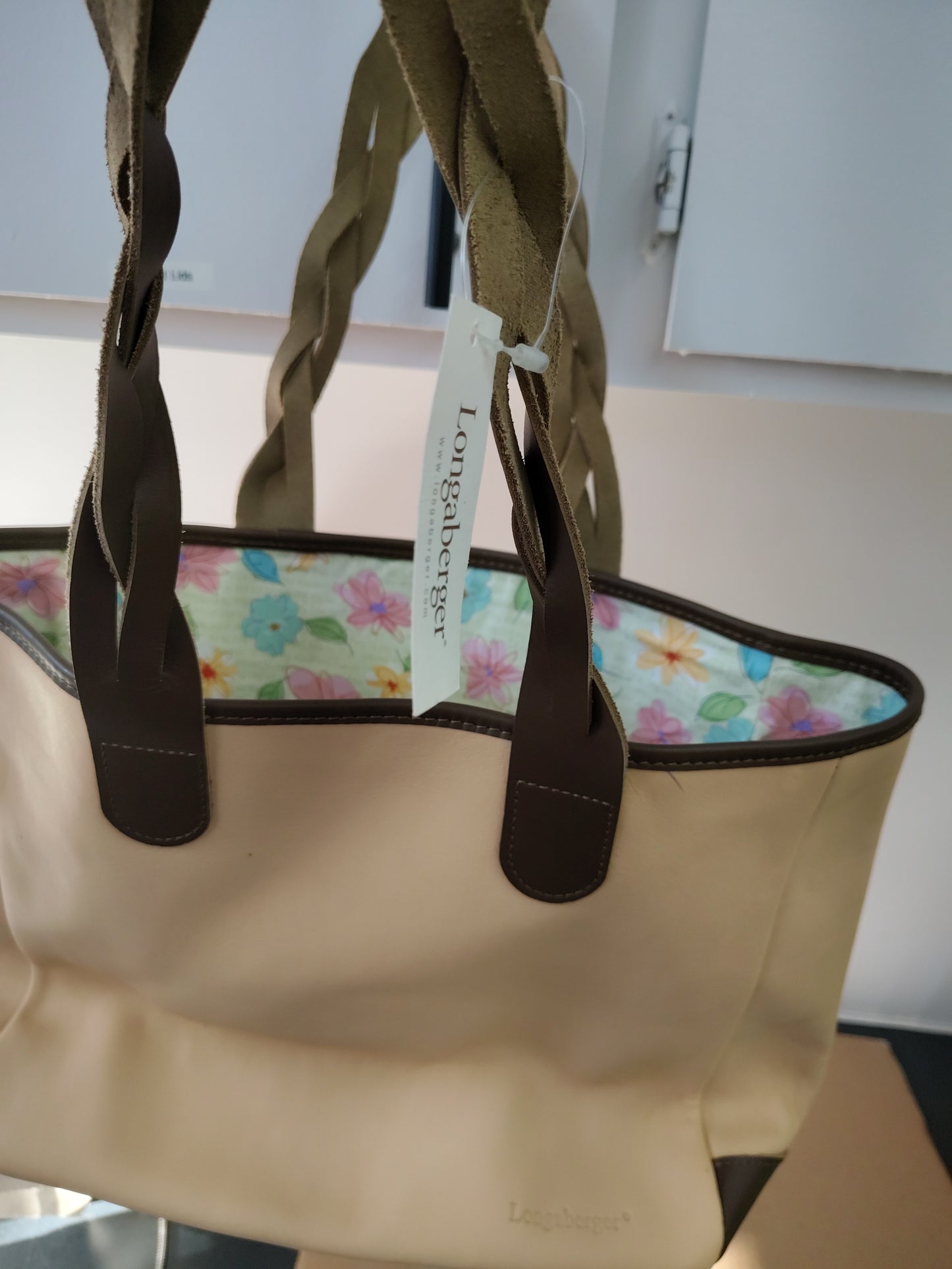 Longaberger leather with Floral Blooms lining tote