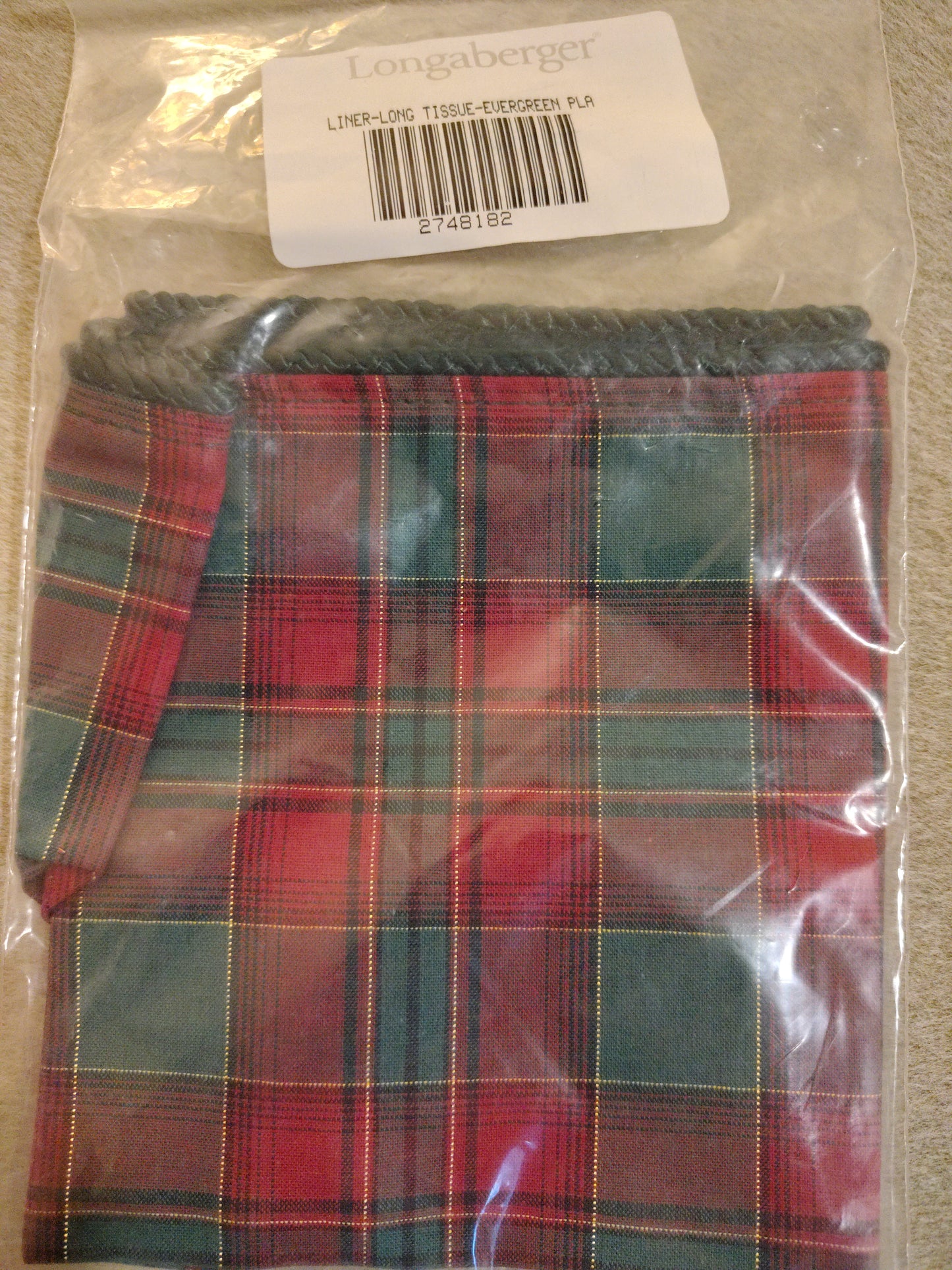 Longaberger Tall Tissue Liner in Evergreen Plaid