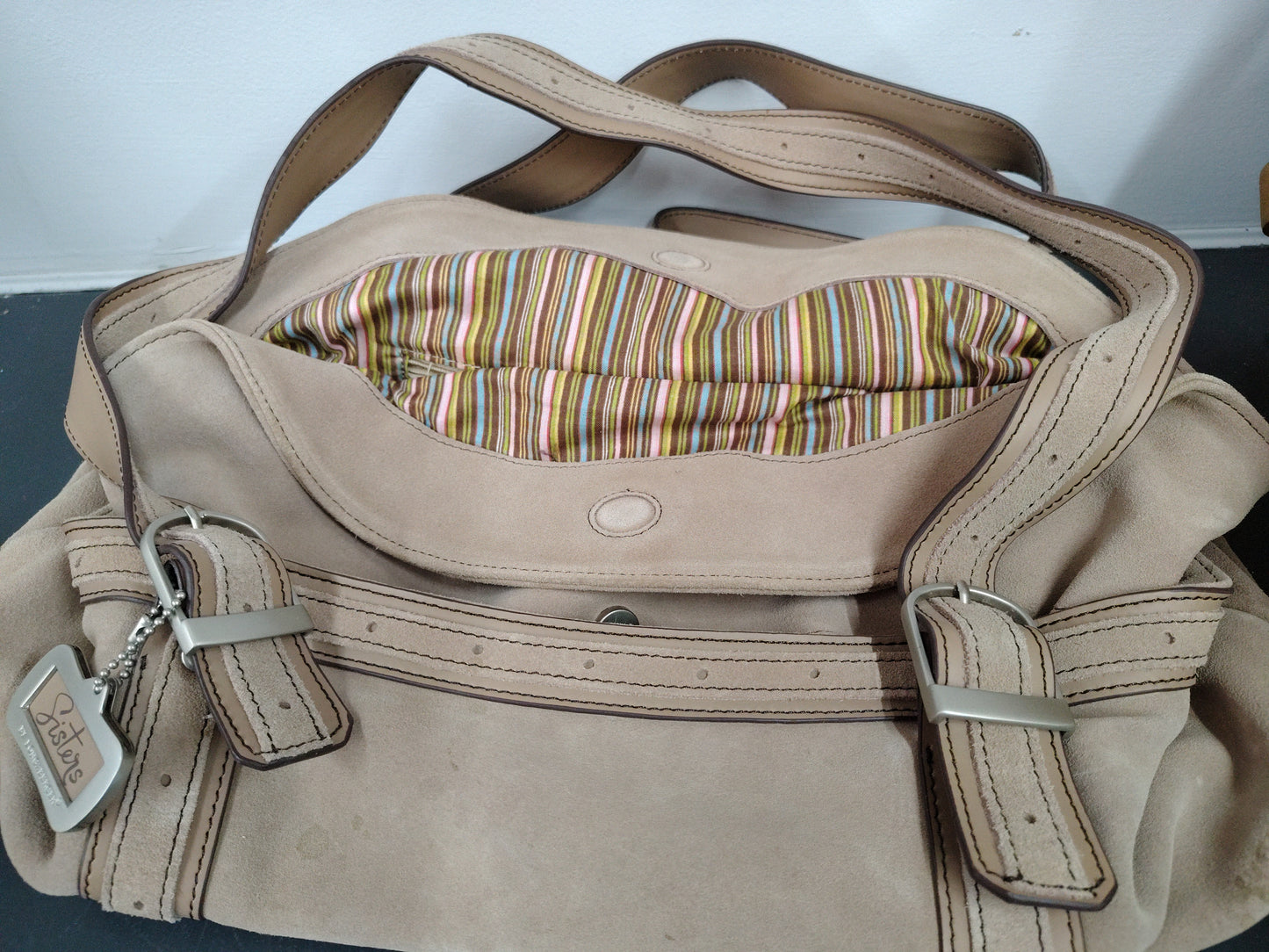 Longaberger Sisters "well loved" tan tote